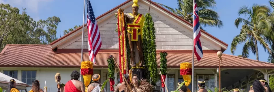 the statue of king Kamehameha in Kohala celebrating King Kamehameha Day on June 11