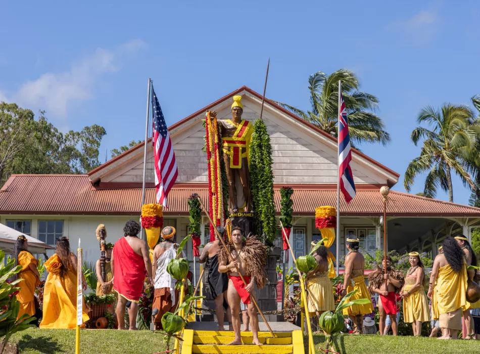 the statue of king Kamehameha in Kohala celebrating King Kamehameha Day on June 11