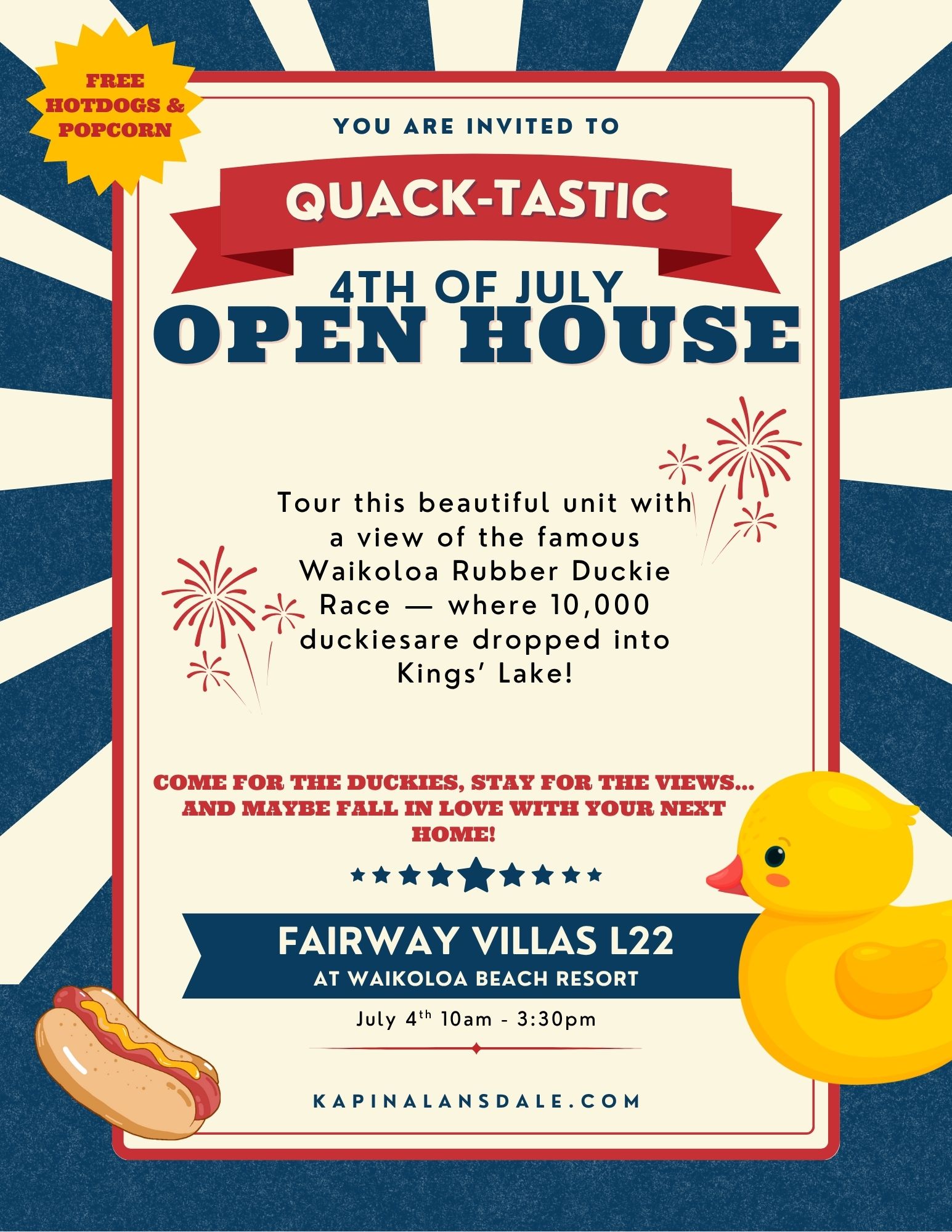 open house flyer with a rubber Duckie on it. 4th of July open house at Fairway Villas L22 at Waikoloa Beach Resort
